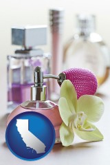 california map icon and a perfume bottle, with atomizer, and an orchid flower
