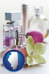 illinois map icon and a perfume bottle, with atomizer, and an orchid flower