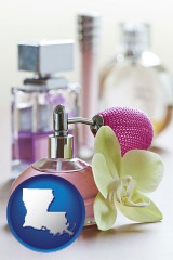 louisiana map icon and a perfume bottle, with atomizer, and an orchid flower