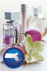 massachusetts map icon and a perfume bottle, with atomizer, and an orchid flower