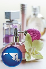 maryland map icon and a perfume bottle, with atomizer, and an orchid flower