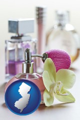 new-jersey map icon and a perfume bottle, with atomizer, and an orchid flower