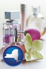new-york map icon and a perfume bottle, with atomizer, and an orchid flower