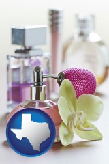 texas map icon and a perfume bottle, with atomizer, and an orchid flower