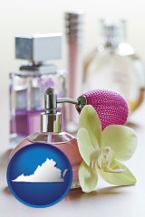 virginia map icon and a perfume bottle, with atomizer, and an orchid flower
