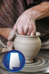 alabama map icon and a potter making pottery on a pottery wheel