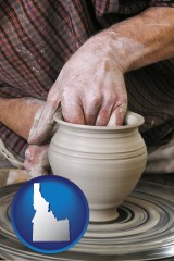 idaho map icon and a potter making pottery on a pottery wheel