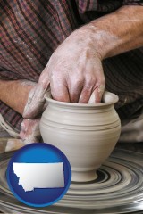 montana map icon and a potter making pottery on a pottery wheel