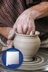 new-mexico map icon and a potter making pottery on a pottery wheel
