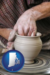 rhode-island map icon and a potter making pottery on a pottery wheel