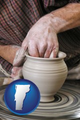 vermont map icon and a potter making pottery on a pottery wheel