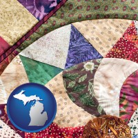 michigan map icon and a patchwork quilt