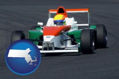 massachusetts map icon and a race car