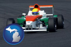 michigan map icon and a race car