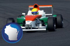 wisconsin map icon and a race car
