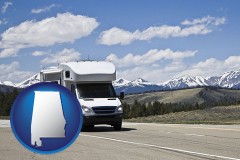 alabama map icon and recreational vehicle and snow-capped mountains