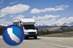 california map icon and recreational vehicle and snow-capped mountains