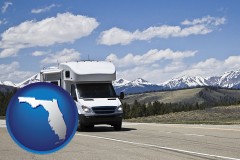 florida map icon and recreational vehicle and snow-capped mountains