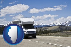 illinois map icon and recreational vehicle and snow-capped mountains