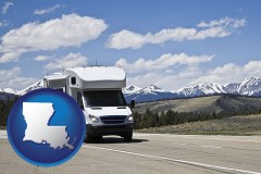 louisiana map icon and recreational vehicle and snow-capped mountains