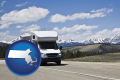 massachusetts map icon and recreational vehicle and snow-capped mountains