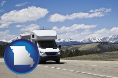 missouri map icon and recreational vehicle and snow-capped mountains