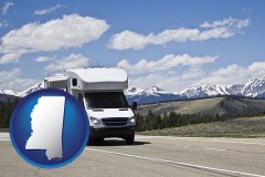 mississippi map icon and recreational vehicle and snow-capped mountains