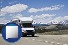 new-mexico map icon and recreational vehicle and snow-capped mountains