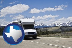 texas map icon and recreational vehicle and snow-capped mountains