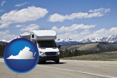 virginia map icon and recreational vehicle and snow-capped mountains