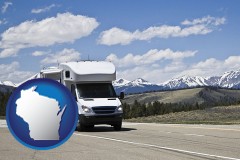 wisconsin map icon and recreational vehicle and snow-capped mountains