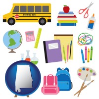 alabama map icon and back-to-school supplies