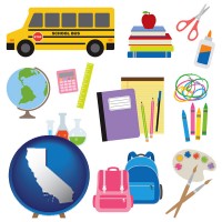 california map icon and back-to-school supplies