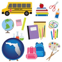florida map icon and back-to-school supplies