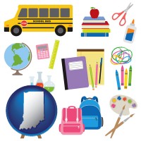 indiana map icon and back-to-school supplies