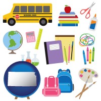 kansas map icon and back-to-school supplies