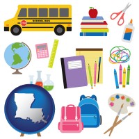 louisiana map icon and back-to-school supplies