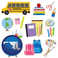 maryland map icon and back-to-school supplies