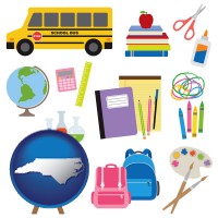 north-carolina map icon and back-to-school supplies