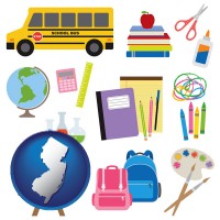 new-jersey map icon and back-to-school supplies