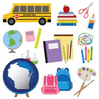 wisconsin map icon and back-to-school supplies
