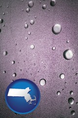 massachusetts map icon and water droplets on a shower door