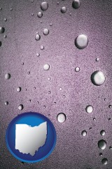 ohio map icon and water droplets on a shower door