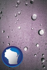 wisconsin map icon and water droplets on a shower door