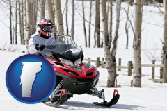 vermont map icon and a snowmobile and white birches