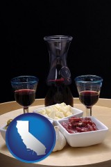 california map icon and tapas and red wine