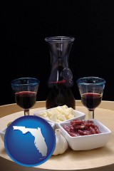 florida map icon and tapas and red wine