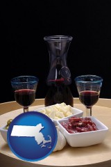 massachusetts map icon and tapas and red wine