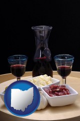 ohio map icon and tapas and red wine