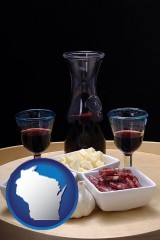 wisconsin map icon and tapas and red wine